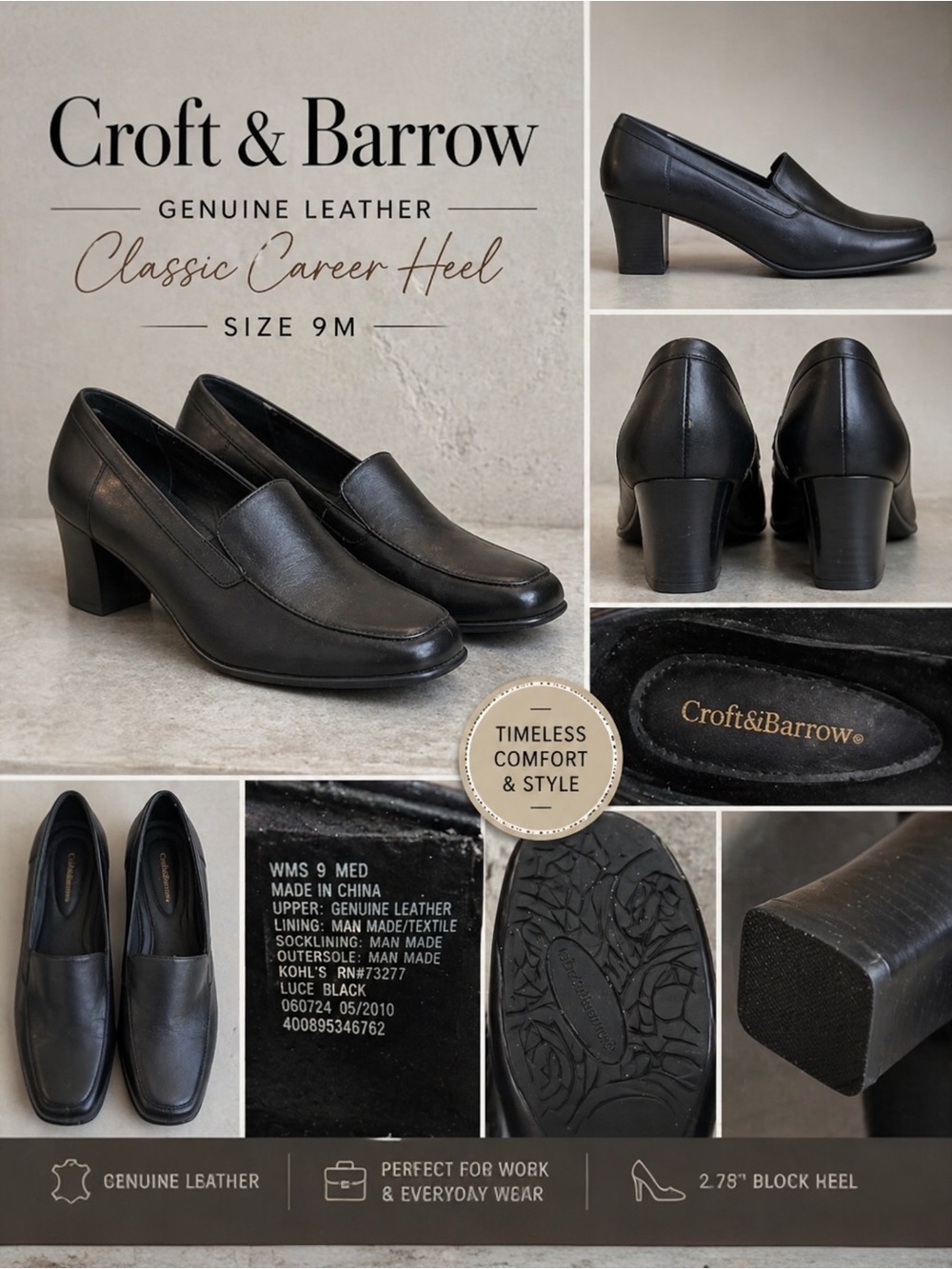 Croft & Barrow Black Genuine Leather Heeled Loafers Pumps Classic Career Shoes - Picture 9 of 9